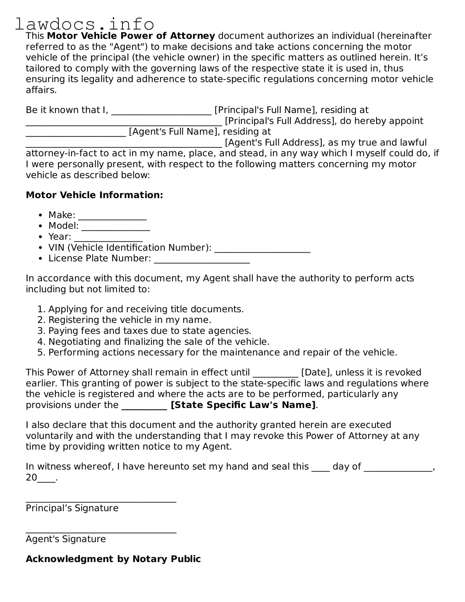 Valid Motor Vehicle Power of Attorney Form