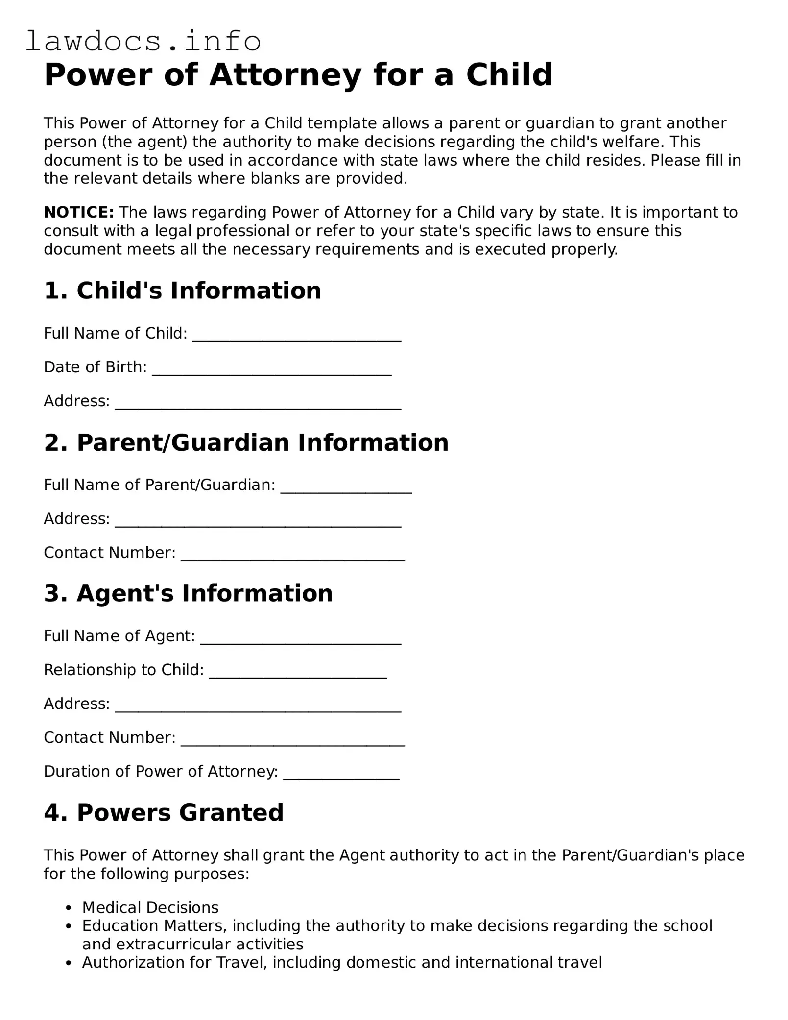 Valid Power of Attorney for a Child Form