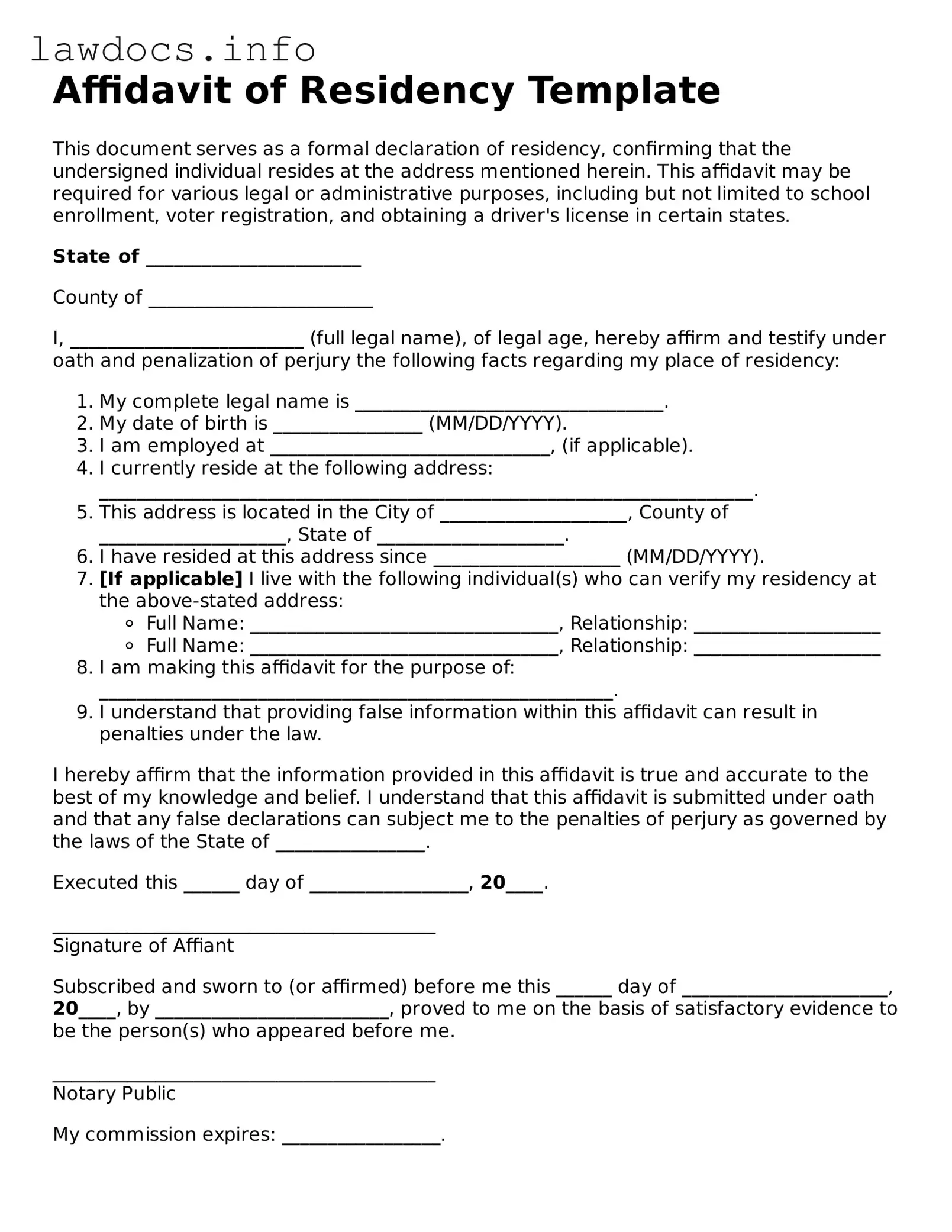 Valid Affidavit of Residency Form