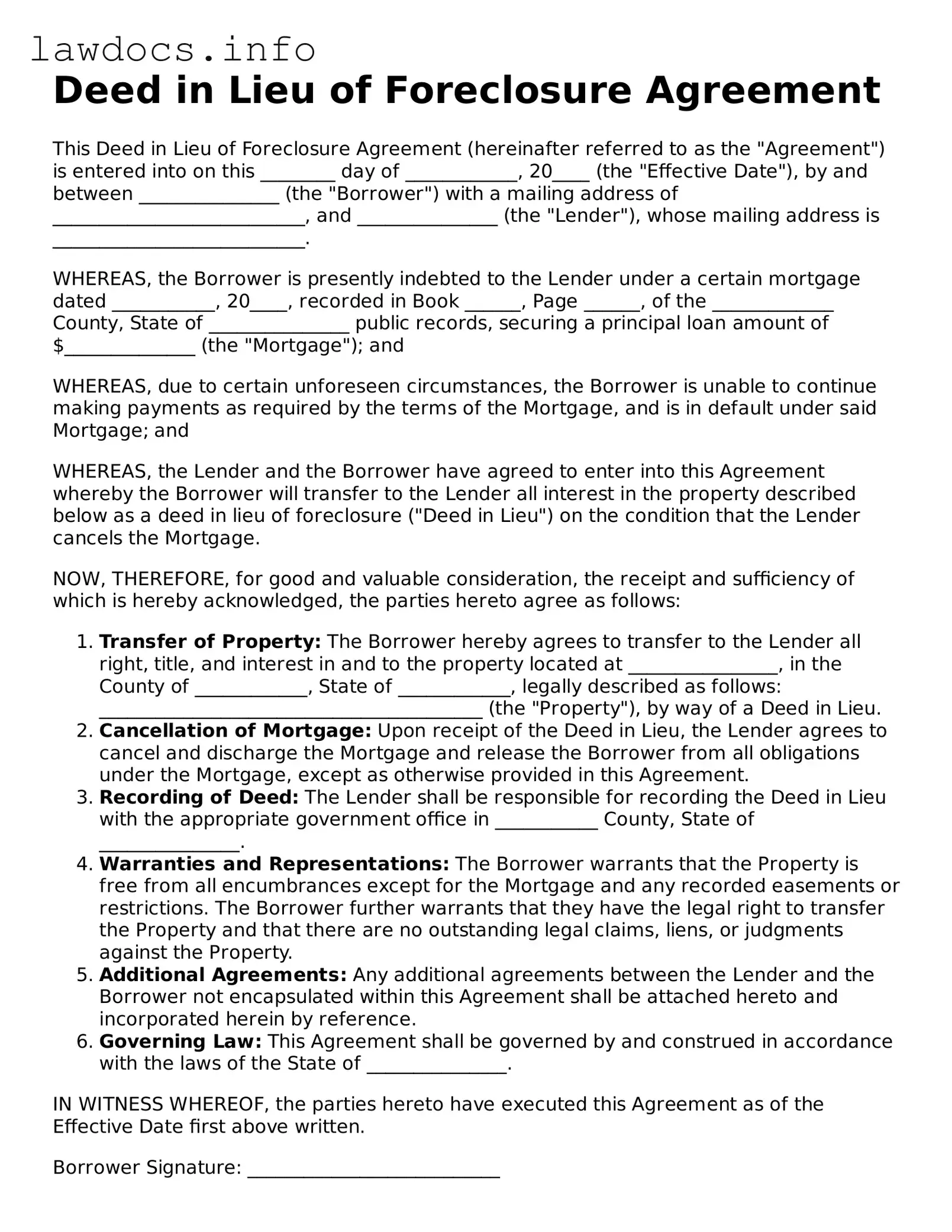 Valid Deed in Lieu of Foreclosure Form