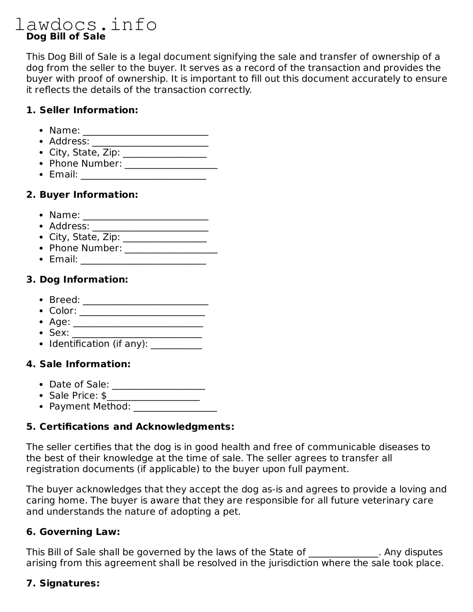 Valid Dog Bill of Sale Form