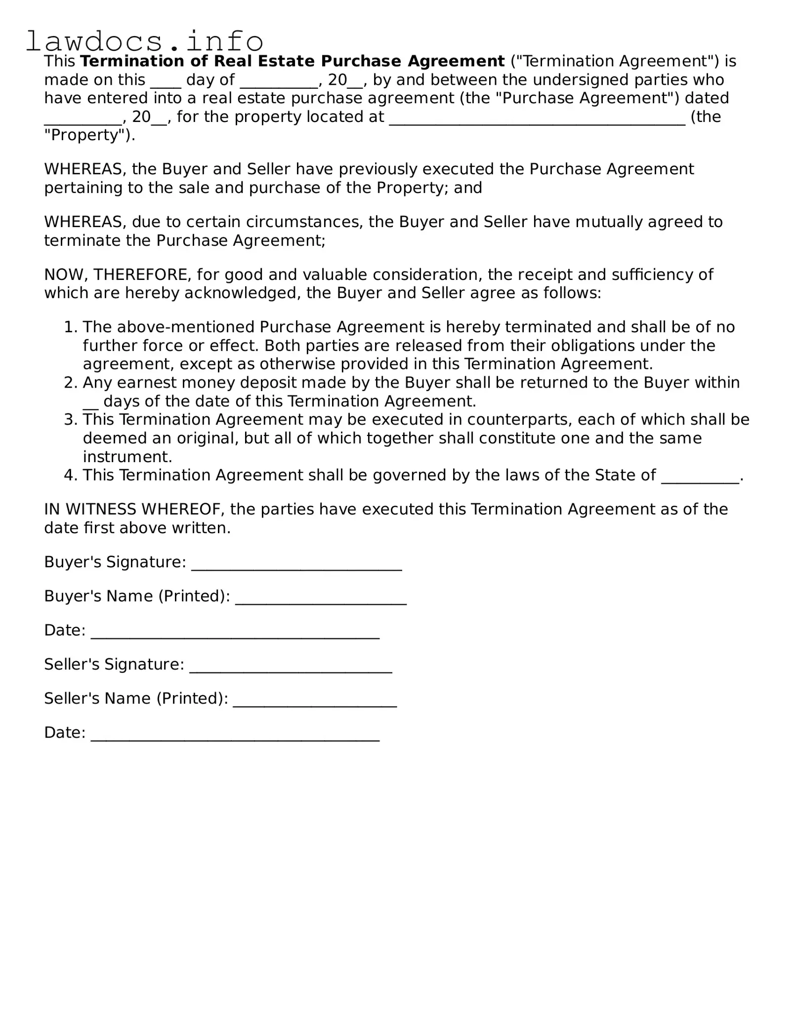 Valid Termination of Real Estate Purchase Agreement Form