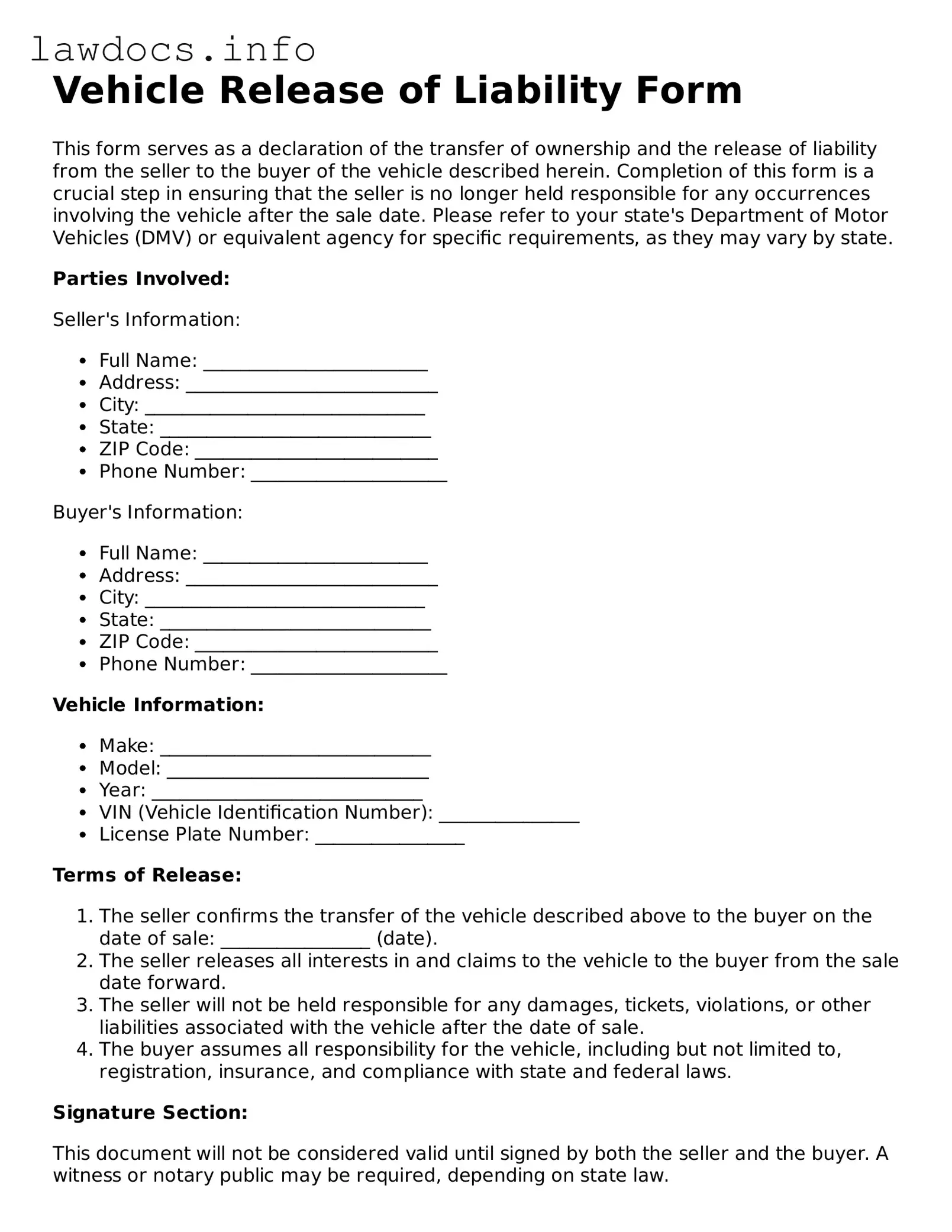 Valid Vehicle Release of Liability Form