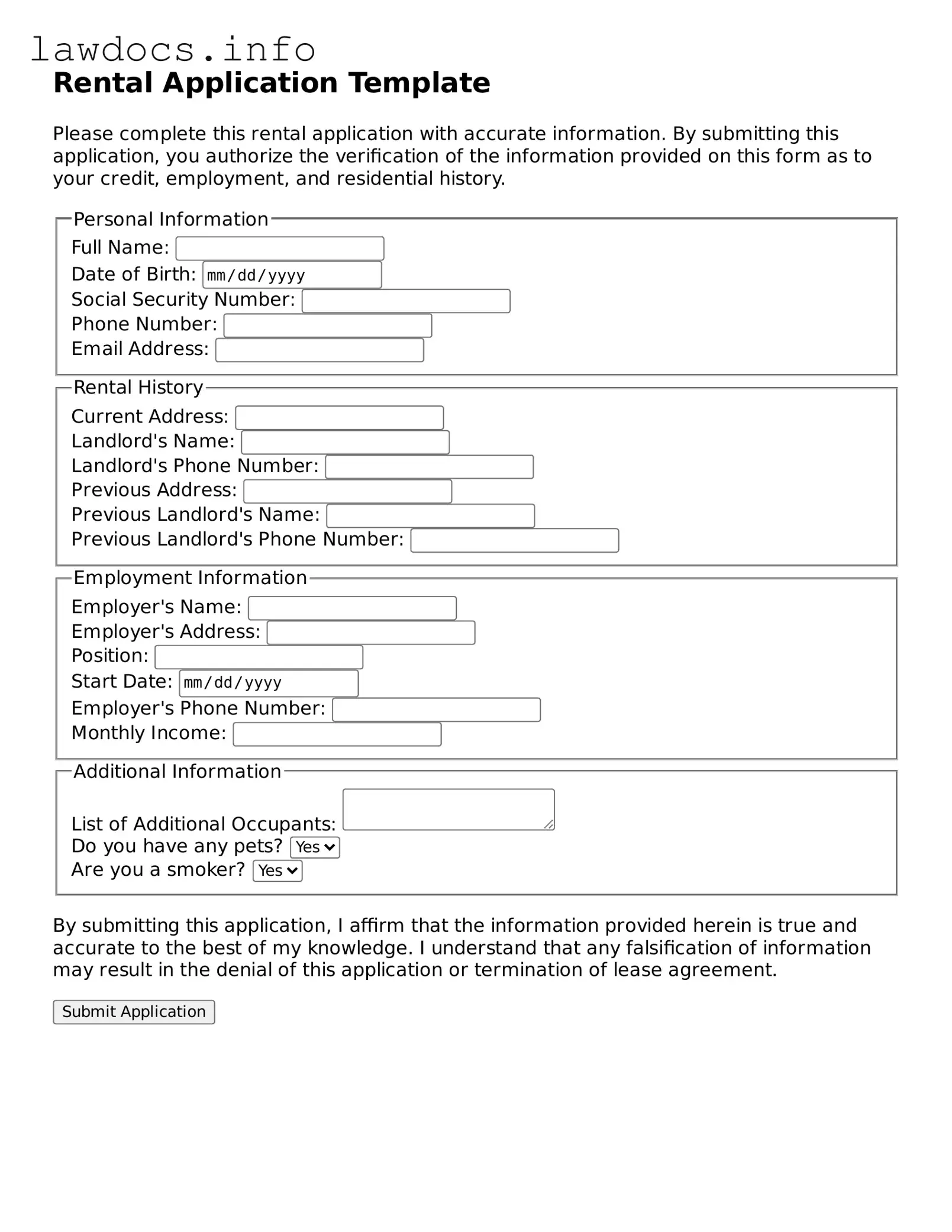 Valid Rental Application Form