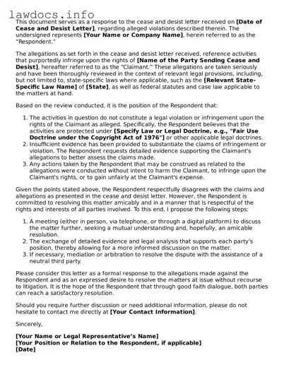 Valid Response to a Cease and Desist Letter Form