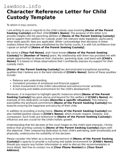 Valid Character Reference Letter for Child Custody Form