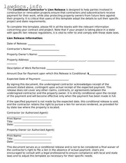 Valid Conditional Contractor’s Lien Release Form