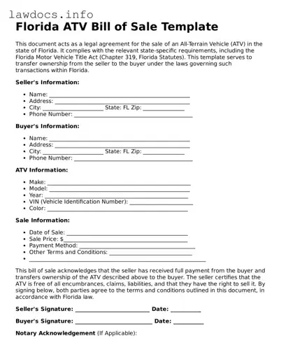 Blank ATV Bill of Sale Template for the State of Florida