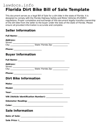 Blank Dirt Bike Bill of Sale Template for the State of Florida