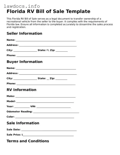 Blank RV Bill of Sale Template for the State of Florida