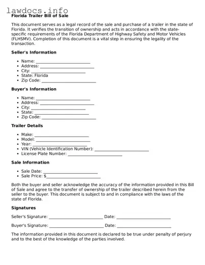 Blank Trailer Bill of Sale Template for the State of Florida