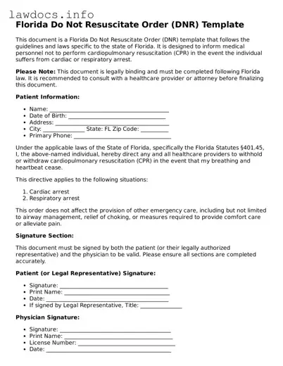 Blank Do Not Resuscitate Order Template for the State of Florida