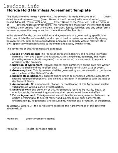 Blank Hold Harmless Agreement Template for the State of Florida