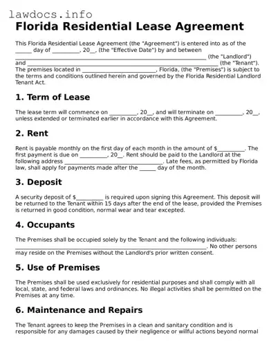 Blank Residential Lease Agreement Template for the State of Florida