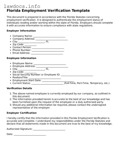 Blank Employment Verification Template for the State of Florida