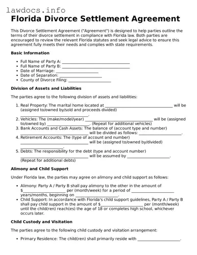 Blank Divorce Settlement Agreement Template for the State of Florida
