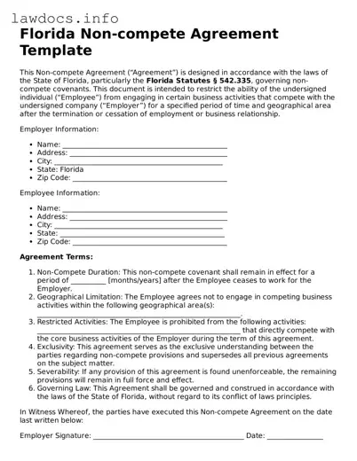 Blank Non-compete Agreement Template for the State of Florida