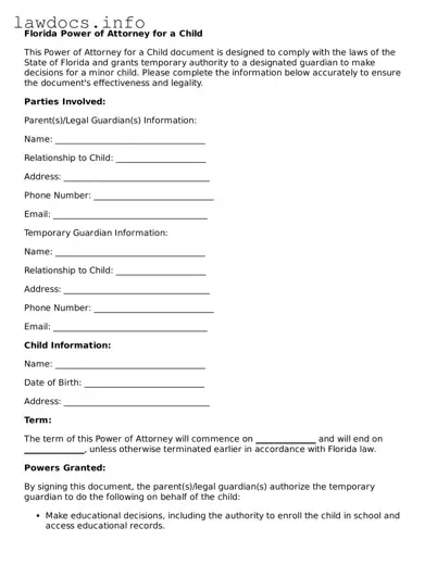 Blank Power of Attorney for a Child Template for the State of Florida