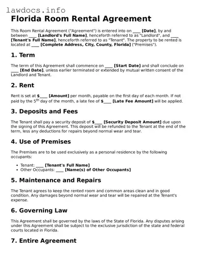 Blank Room Rental Agreement Template for the State of Florida