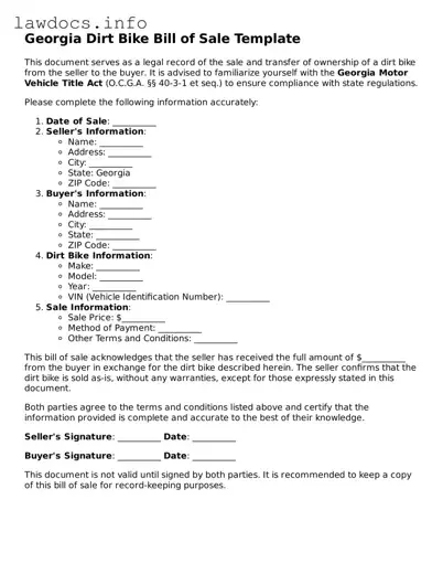 Blank Dirt Bike Bill of Sale Template for the State of Georgia