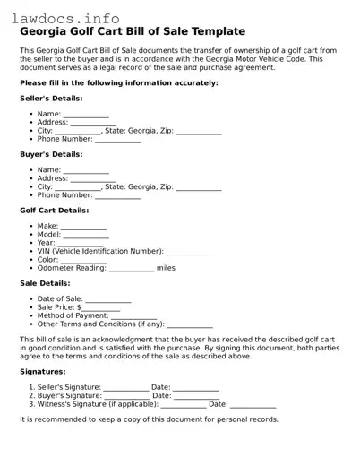 Blank Golf Cart Bill of Sale Template for the State of Georgia