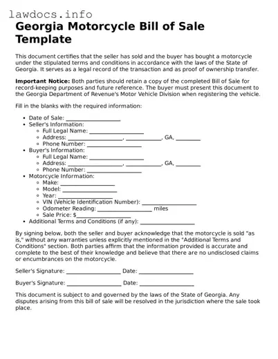 Blank Motorcycle Bill of Sale Template for the State of Georgia