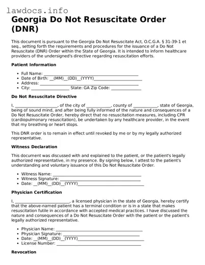 Blank Do Not Resuscitate Order Template for the State of Georgia