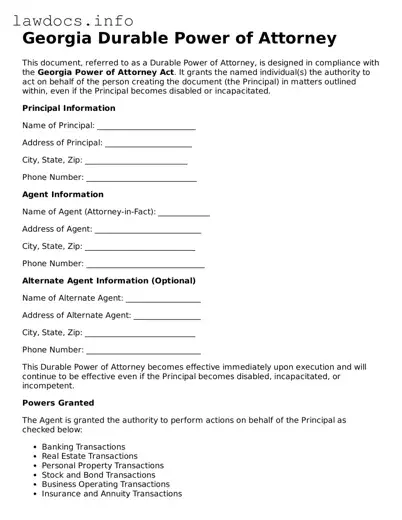 Blank Durable Power of Attorney Template for the State of Georgia