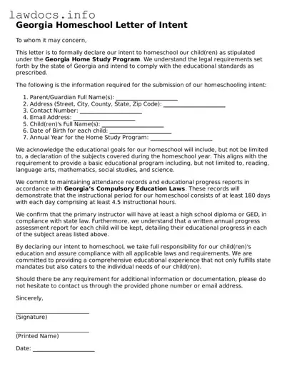 Blank Homeschool Letter of Intent Template for the State of Georgia