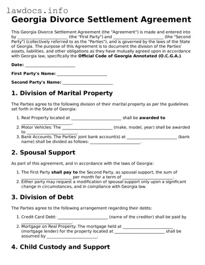 Blank Divorce Settlement Agreement Template for the State of Georgia