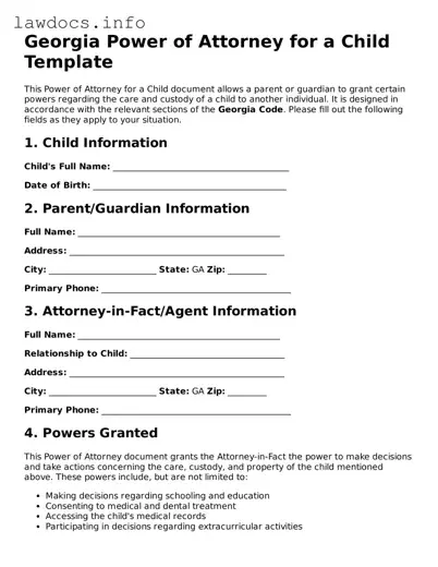 Blank Power of Attorney for a Child Template for the State of Georgia