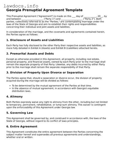 Blank Prenuptial Agreement Template for the State of Georgia