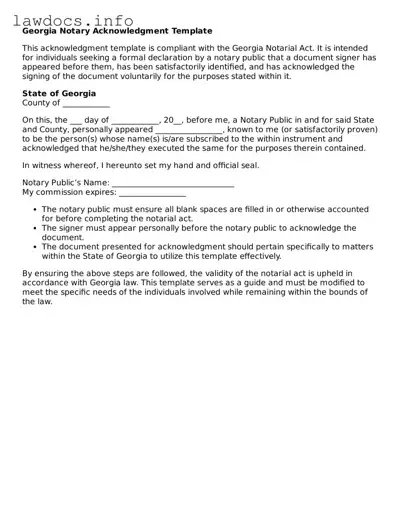 Blank Notary Acknowledgement Template for the State of Georgia