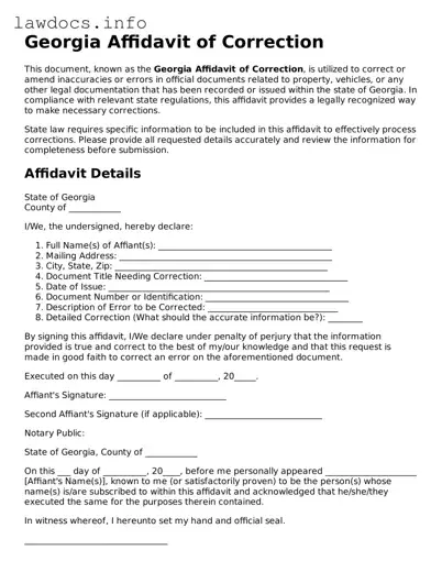 Blank Affidavit of Correction Template for the State of Georgia