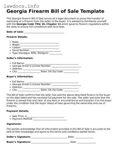 Blank Firearm Bill of Sale Template for the State of Georgia