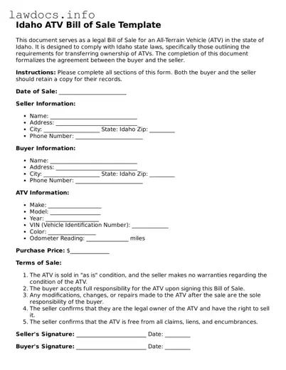 Blank ATV Bill of Sale Template for the State of Idaho