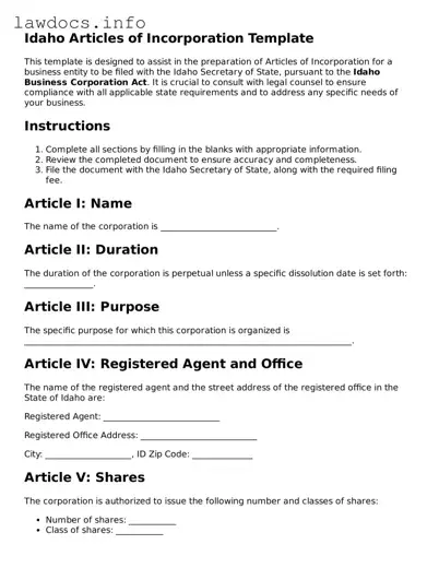 Blank Articles of Incorporation Template for the State of Idaho