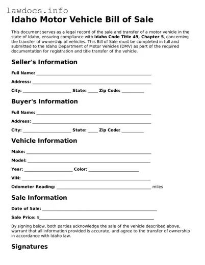 Blank Motor Vehicle Bill of Sale Template for the State of Idaho