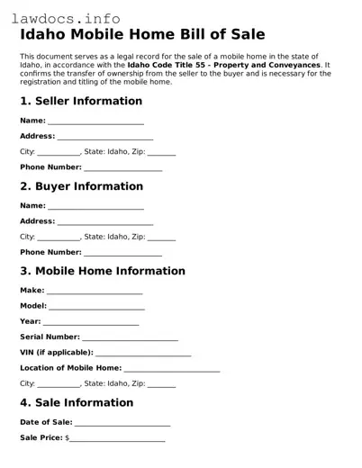 Blank Mobile Home Bill of Sale Template for the State of Idaho