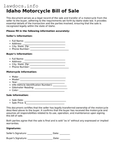 Blank Motorcycle Bill of Sale Template for the State of Idaho