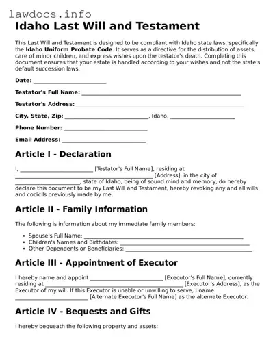 Blank Last Will and Testament Template for the State of Idaho