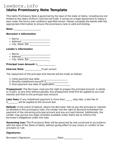 Blank Promissory Note Template for the State of Idaho