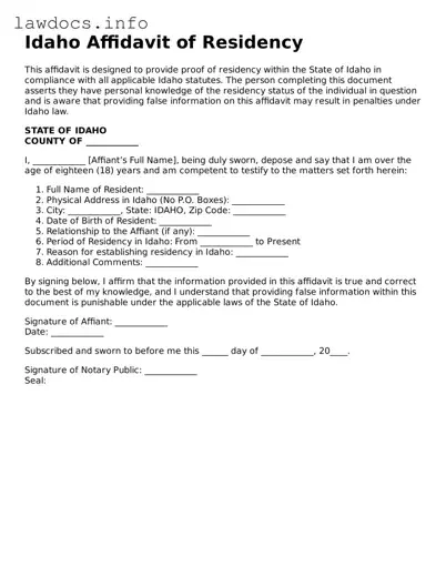 Blank Affidavit of Residency Template for the State of Idaho
