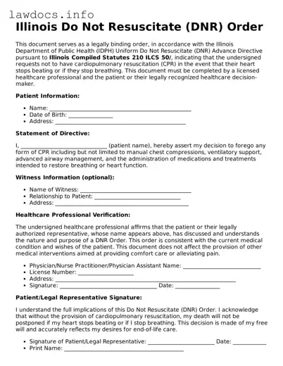 Blank Do Not Resuscitate Order Template for the State of Illinois