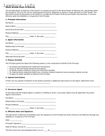 Blank Durable Power of Attorney Template for the State of Illinois
