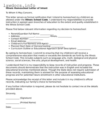 Blank Homeschool Letter of Intent Template for the State of Illinois