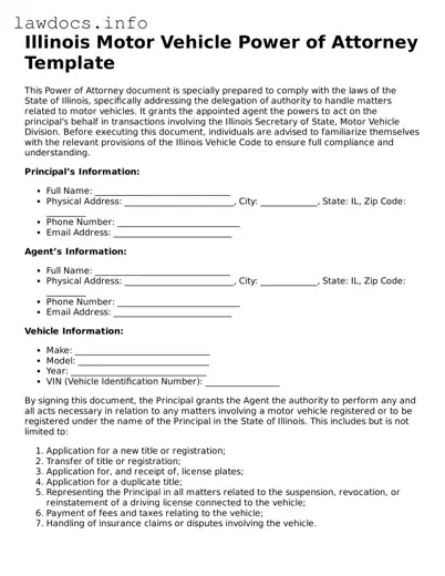 Blank Motor Vehicle Power of Attorney Template for the State of Illinois