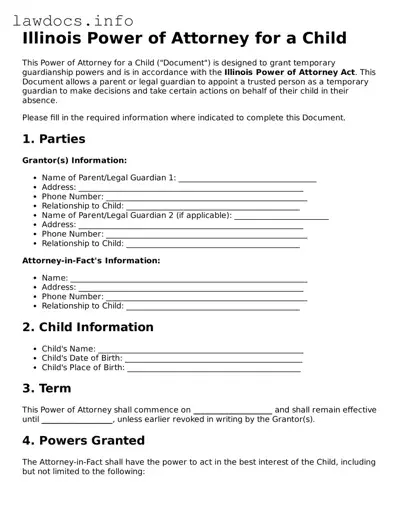 Blank Power of Attorney for a Child Template for the State of Illinois