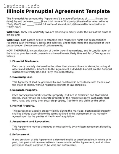 Blank Prenuptial Agreement Template for the State of Illinois