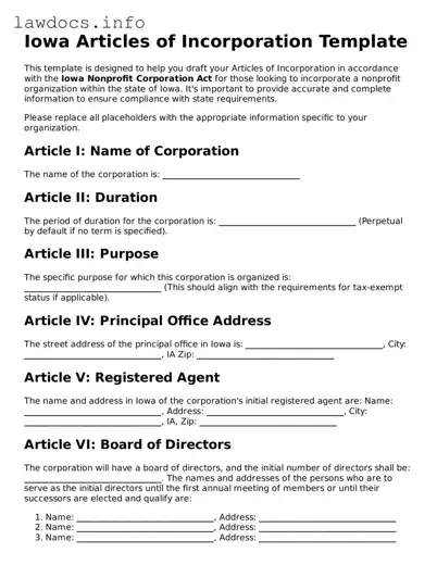 Blank Articles of Incorporation Template for the State of Iowa